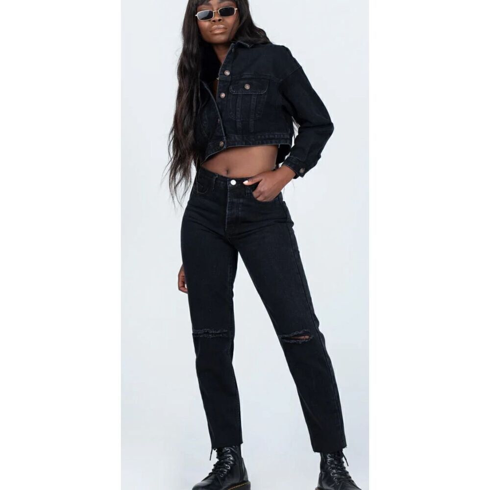 Princess Polly ATTICA KNEE RIP DENIM JEANS BLACK Button Fly Size 6 Nwot